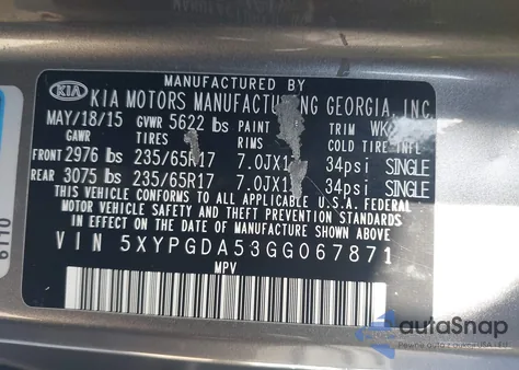 2016 Kia Sorento 3.3L Lx from USA, damaged, VIN 5XYPGDA53GG067871